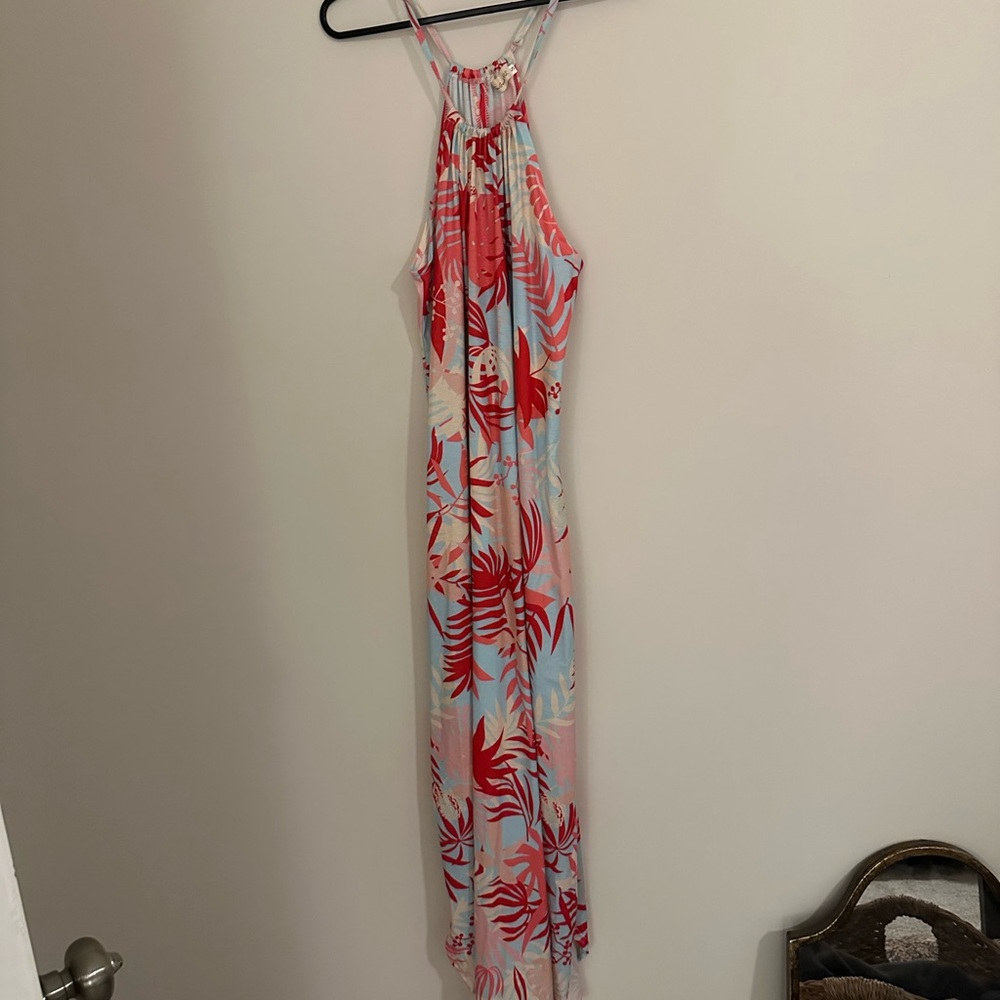 Sleeveless Tropical Print Maxi Dress in Coral and Light Blue